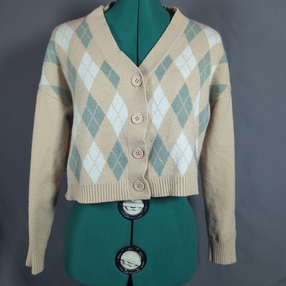 White Fox Argyle Cropped Cardigan M Sage Cream Preppy Academia Knit